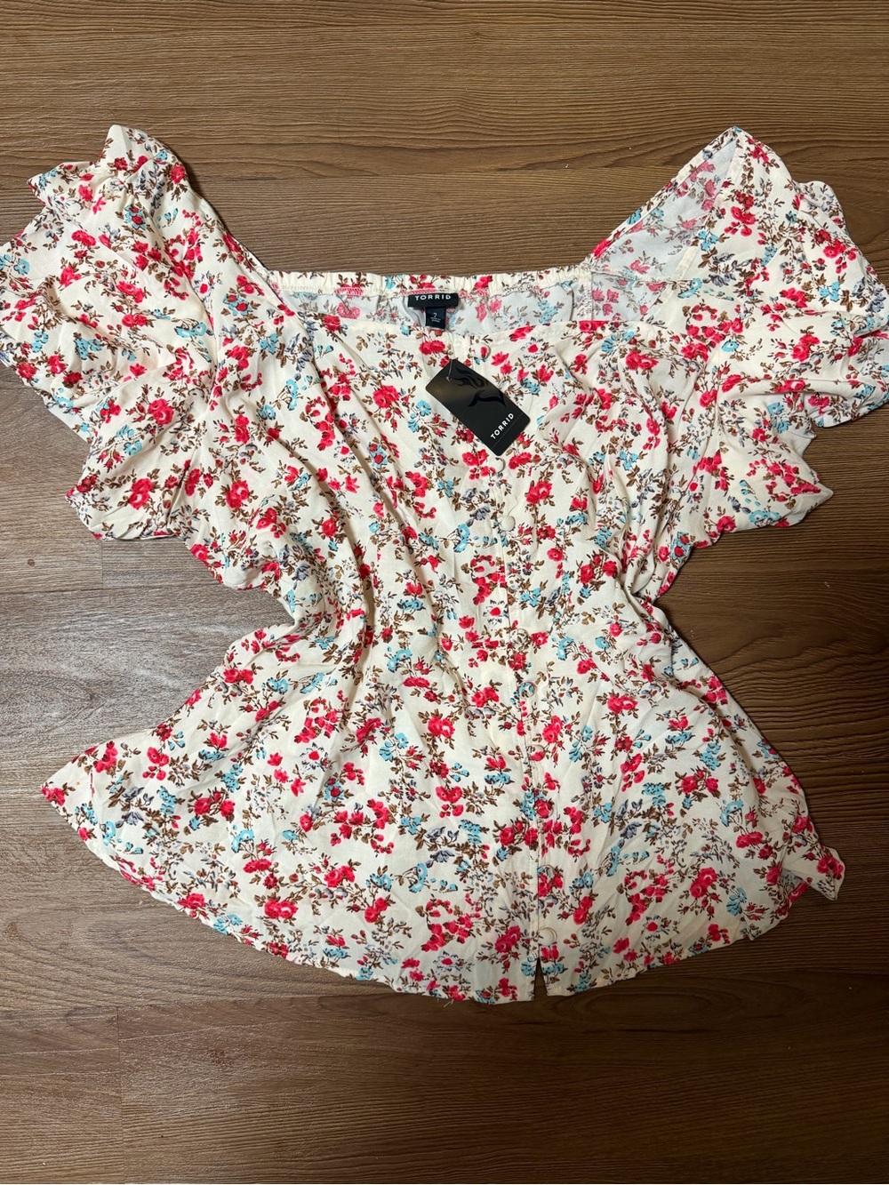 torrid Cream Floral Puff-Sleeve Smocked Peplum Top